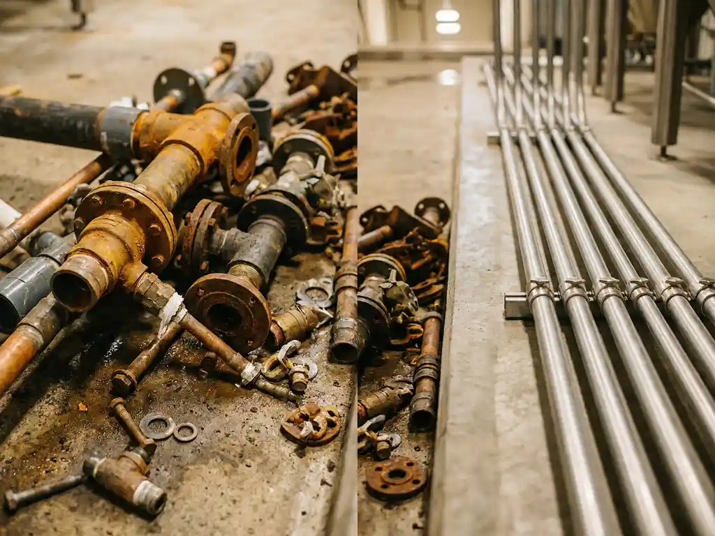 Chaotisches Geflecht aus Industrierohren und Ventilen, das in geordnete Edelstahlrohre übergeht, auf poliertem Betonboden.