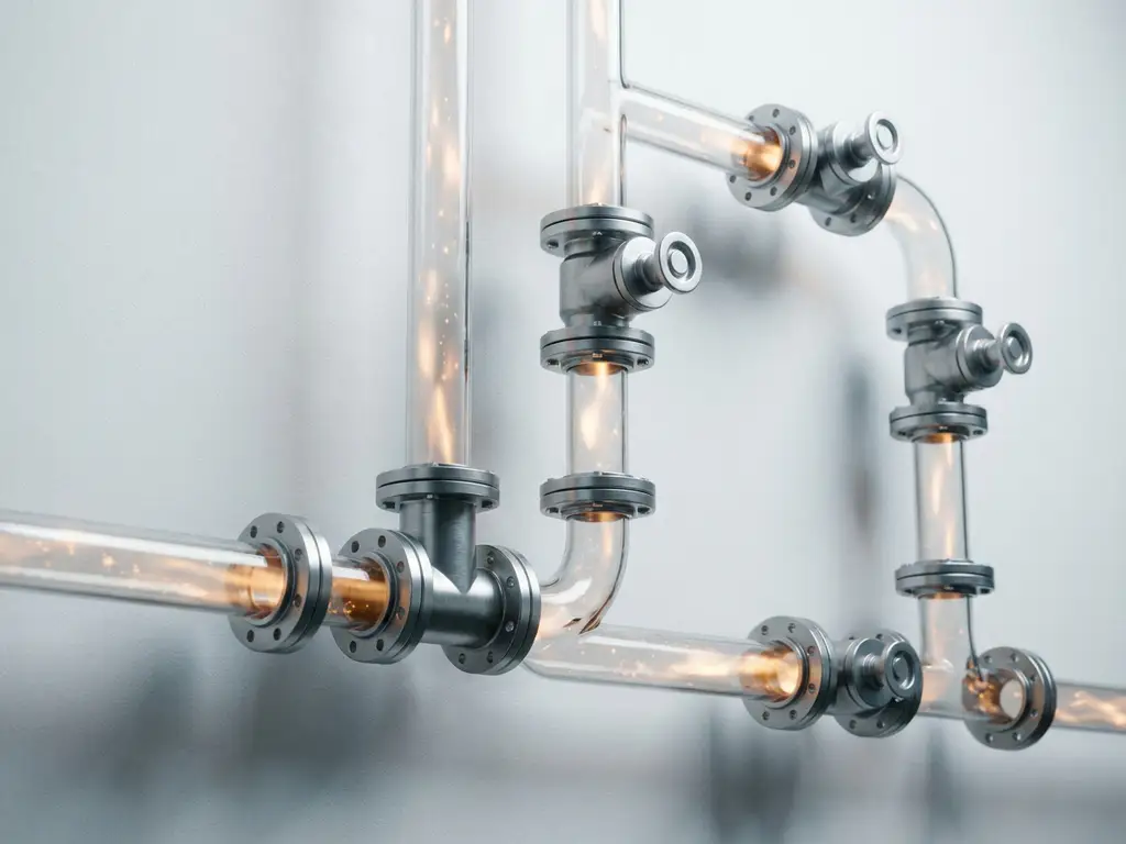 Transparentes Glas-Pipeline-System mit leuchtenden Datenstrom-Impulsen in Bernsteinfarbe, Metallventile an weißer Industriewand.