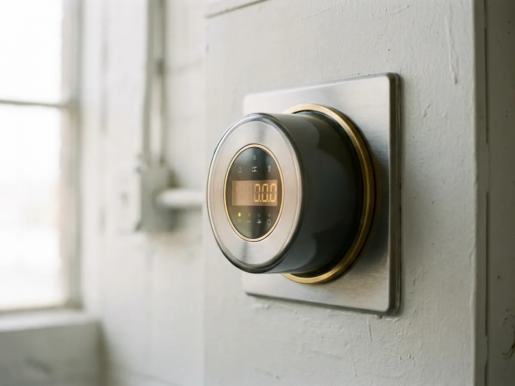 Digitaler Energiezähler an weißer Industriewand mit leuchtenden Messskalen in Amber- und Goldtönen, Nahaufnahme bei Tageslicht.