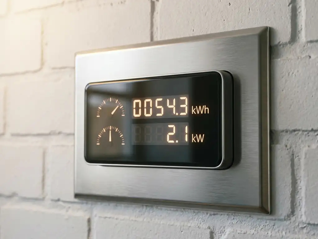 Digitaler Energiezähler mit Messskalen und bernsteinfarbenen Kontrollleuchten auf gebürstetem Stahlpanel.