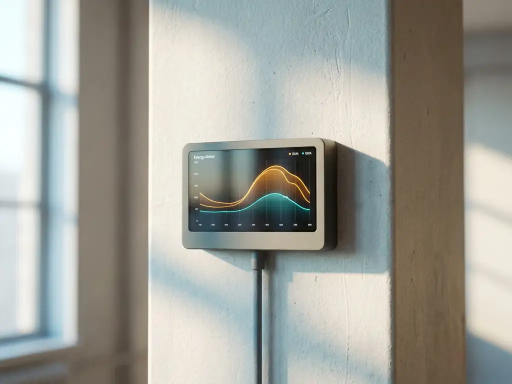 Digitaler Energiezähler an weißer Industriewand mit leuchtenden Datenkurven in Bernstein und Türkis, einzelnes Stromkabel.