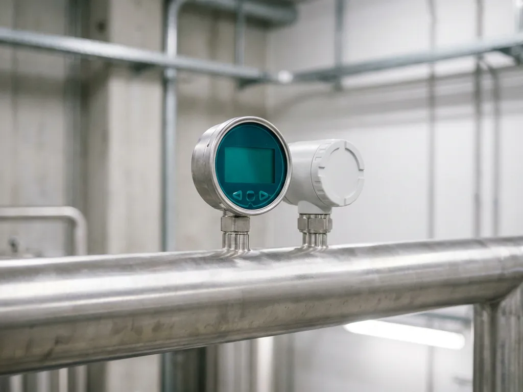 Digitales Präzisionsdruckmessgerät und Industriesensor an poliertem Edelstahlrohr in moderner Industrieumgebung.