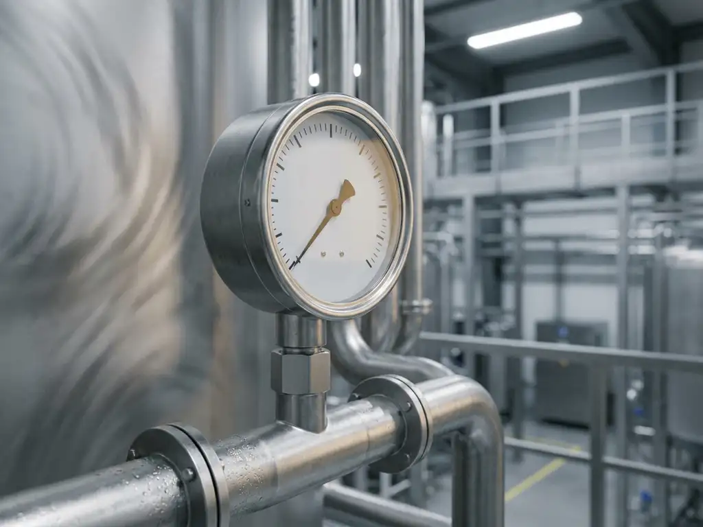 Präzisionsdruckmesser an einem Industrierohrsystem mit sichtbaren Schatten, die Strömungsineffizienzen andeuten, unscharfer Fabrikhintergrund.