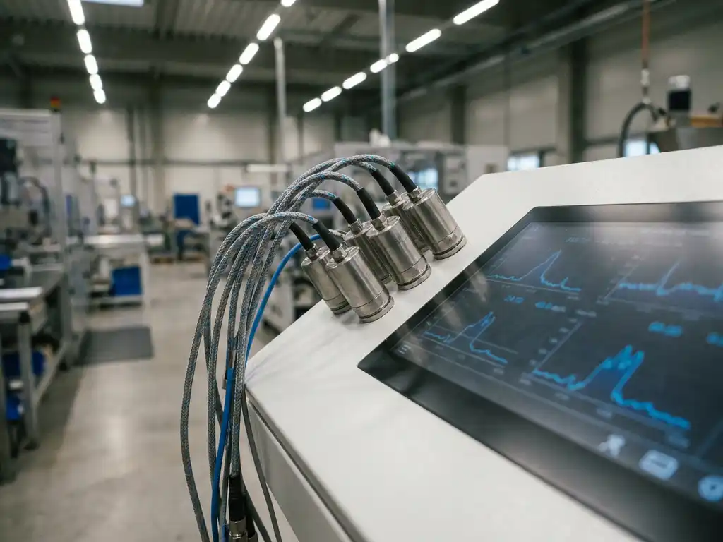 Industriesensoren und Datenkabel an weißem Steuerungspanel mit blauen Echtzeit-Durchflussgraphen in moderner Fertigungsumgebung.