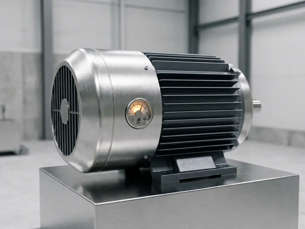 Industrieller Elektromotor aus gebürstetem Stahl mit Energieeffizienz-Anzeige, beleuchtet durch warmes Umgebungslicht.
