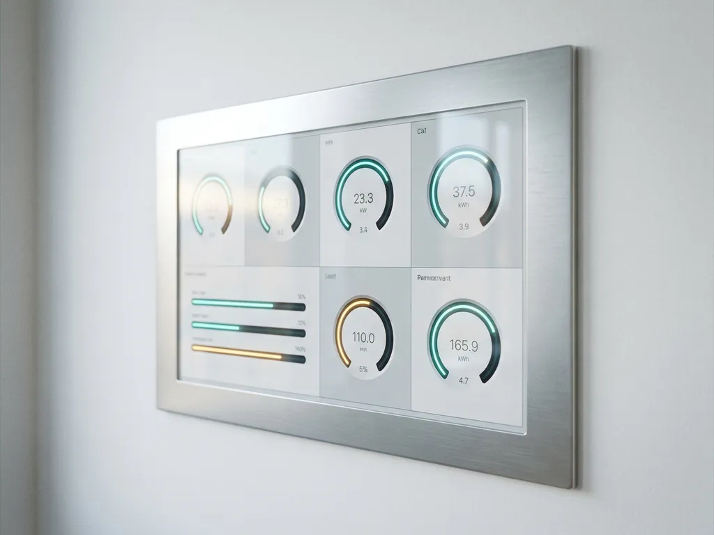 Energie-Monitoring-Dashboard mit minimalistischen Messanzeigen in Blaugrün und Bernstein an weißer Wand, industriell-modernes Design.