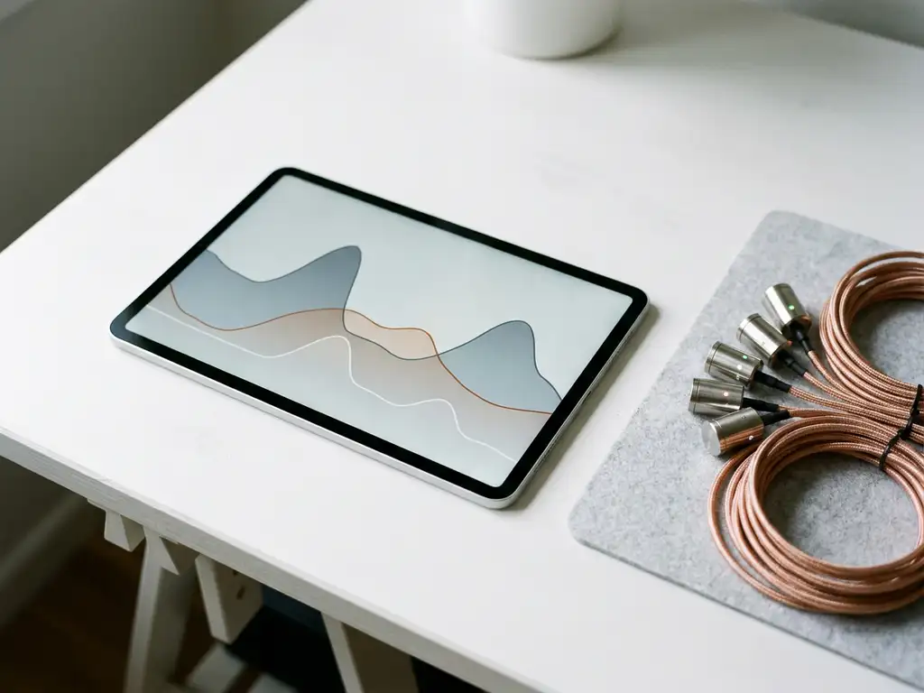 Energie-Monitoring-Dashboard auf Tablet mit Kupfersensoren und Messkabeln auf weißem Schreibtisch.