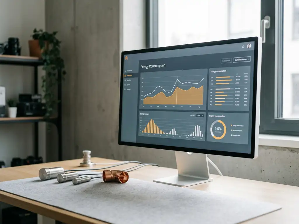 Energiemonitoring-Dashboard auf Tischbildschirm mit Industriesensoren und Kupferrohrverbindung im modernen Bürolabor.