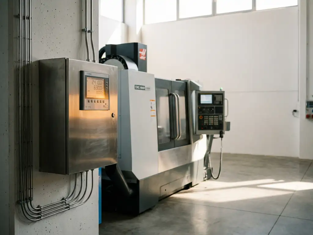 Industrieller Energiezähler mit Digitalanzeige neben einer CNC-Maschine in einer modernen Fabrikhalle.