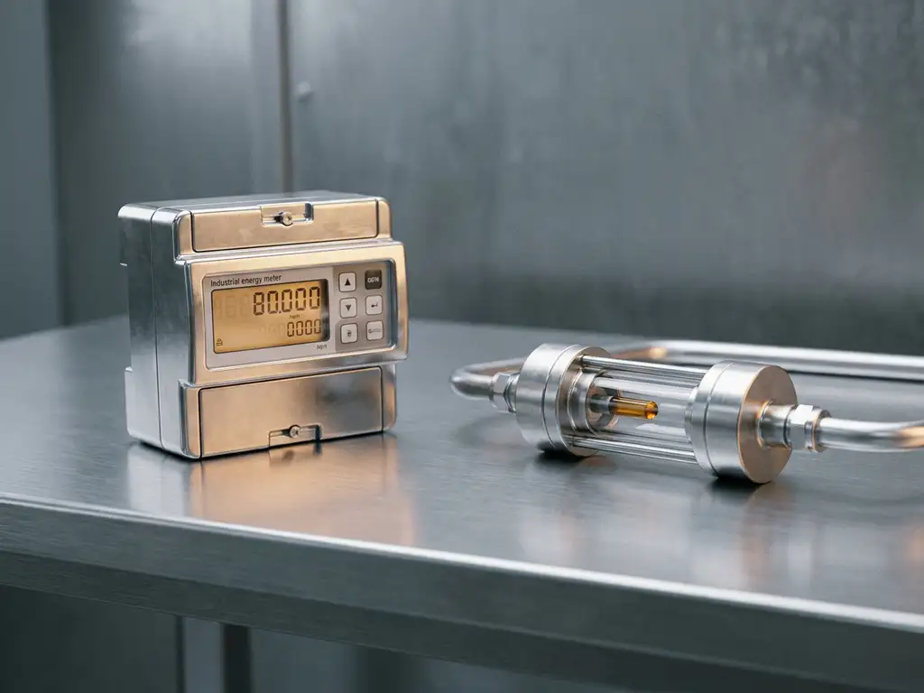 Industrieller Energiezähler und Durchflusssensor auf gebürstetem Stahl, Studiobeleuchtung, moderne Fertigungsumgebung.