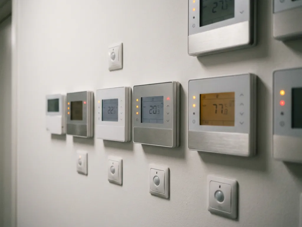 HVAC-Steuerungspanele und Gebäudeautomationssensoren an weißer Wand mit leuchtenden Amber- und Rotkontrollleuchten.