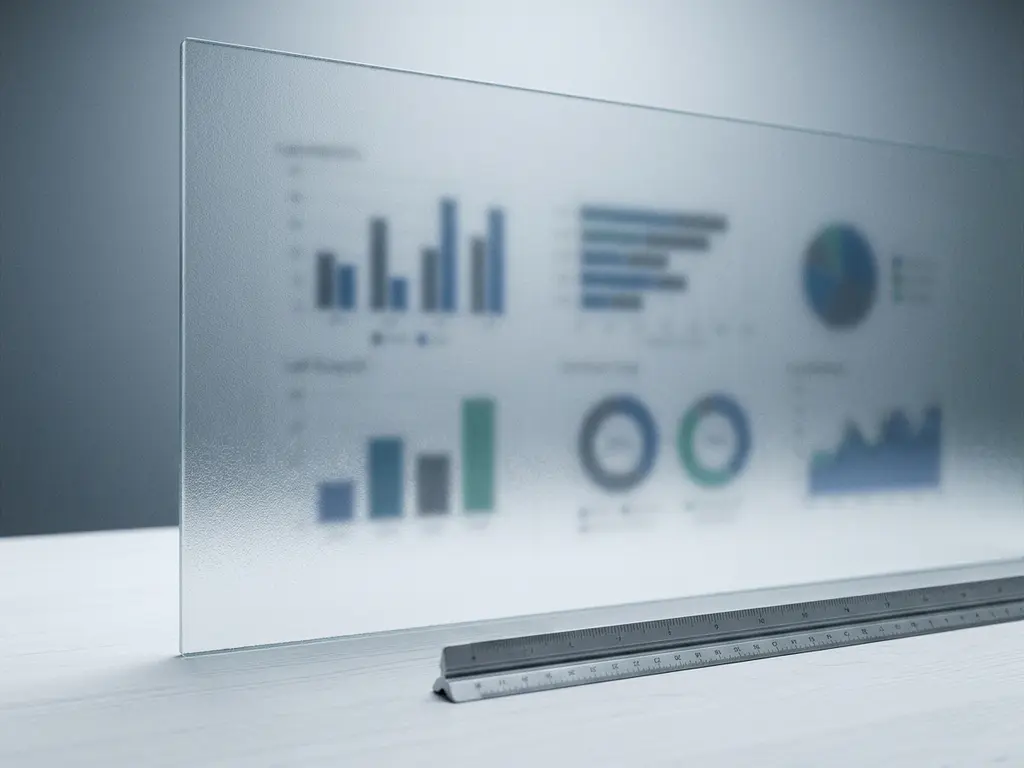 Mattglasscheibe auf weißem Schreibtisch mit verschwommenen Datencharts dahinter und Architekturmaßstab davor, kühle Grau-Töne mit Teal-Akzent.