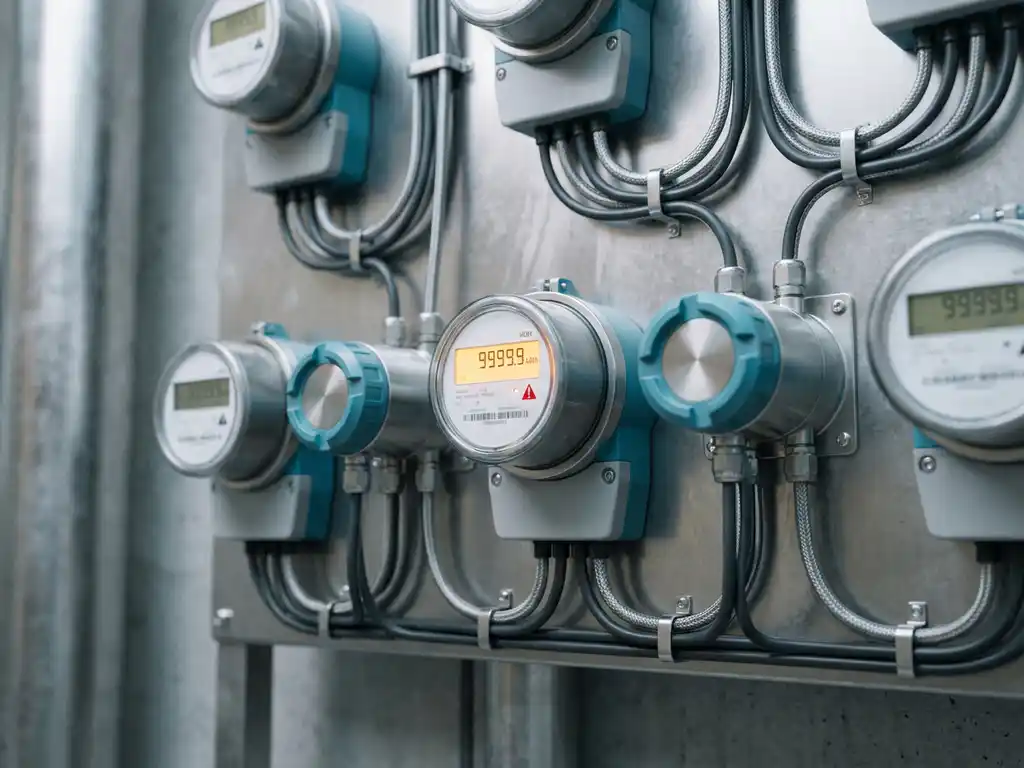 Industrielle Energiezähler und Sensormodule auf gebürstetem Metallpanel, ein Messgerät zeigt ungewöhnlich hohen Stromverbrauch an.