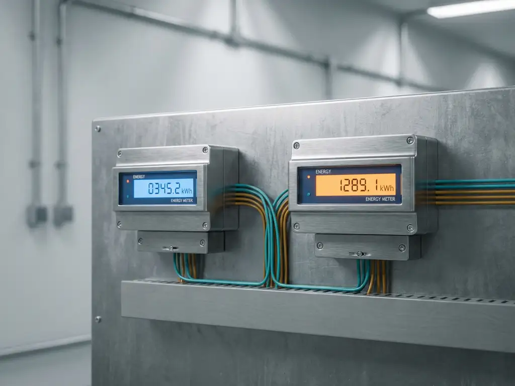 Zwei industrielle Energiezähler mit digitalen Displays auf einem Edelstahlpanel, verbunden durch türkisfarbene und bernsteinfarbene Kabel.