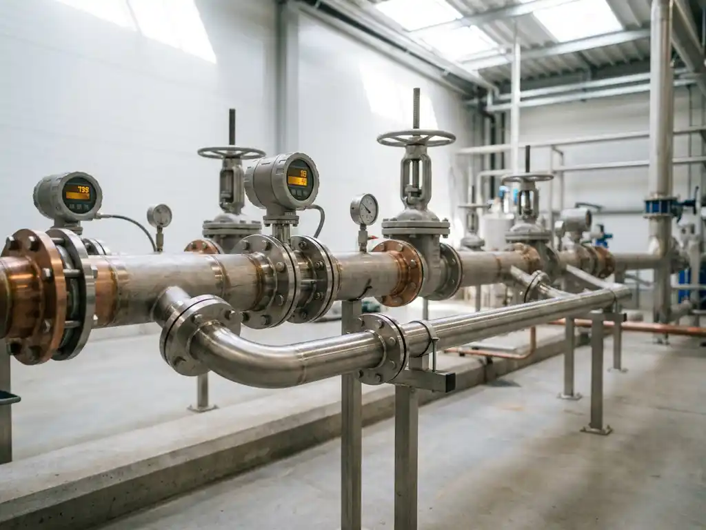 Industrielles Rohrleitungssystem mit Metallventilen und Durchflussmessern, ergänzt durch ein neu integriertes Bypass-Rohr in moderner Anlage.