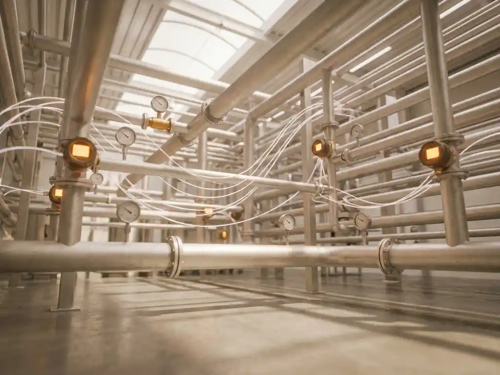 Industrielles Rohrnetz aus Stahl mit Präzisionssensoren und Messgeräten, aus der Froschperspektive, warme Bernstein- und Grautöne.