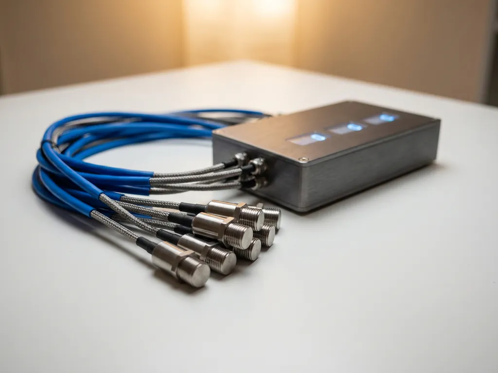 Industrielle Sensoren und Datenkabel verbunden mit moderner Steuereinheit, blaue Datenanzeigen auf weißer Oberfläche.