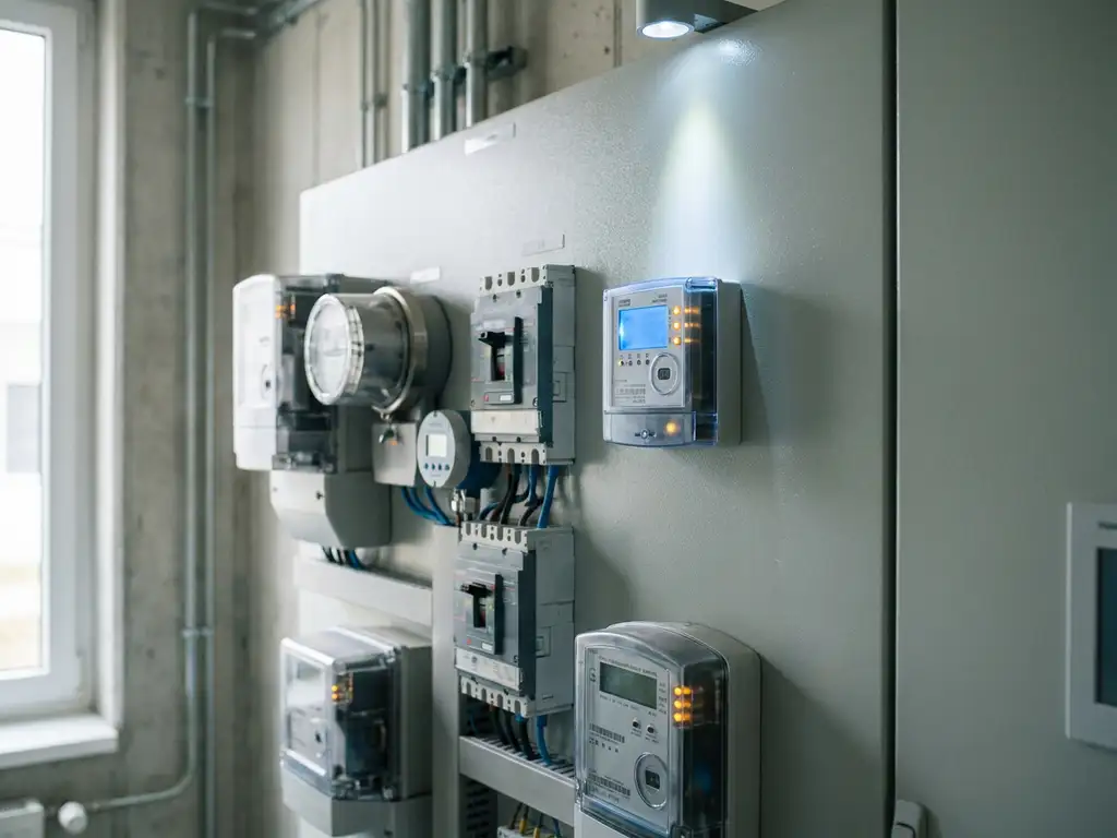 Industrielle Stromzähler und Smart-Sensoren auf grauem Panel, ein Gerät von weißem Licht hervorgehoben, elektrisch-blaue und bernsteinfarbene Töne.
