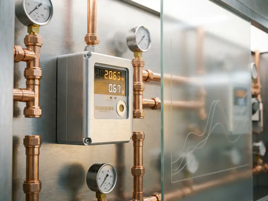 Industrieller Energiezähler auf gebürstetem Stahlpanel mit Kupferrohrarmaturen und Präzisionsmessgeräten in modernem Industriedesign.