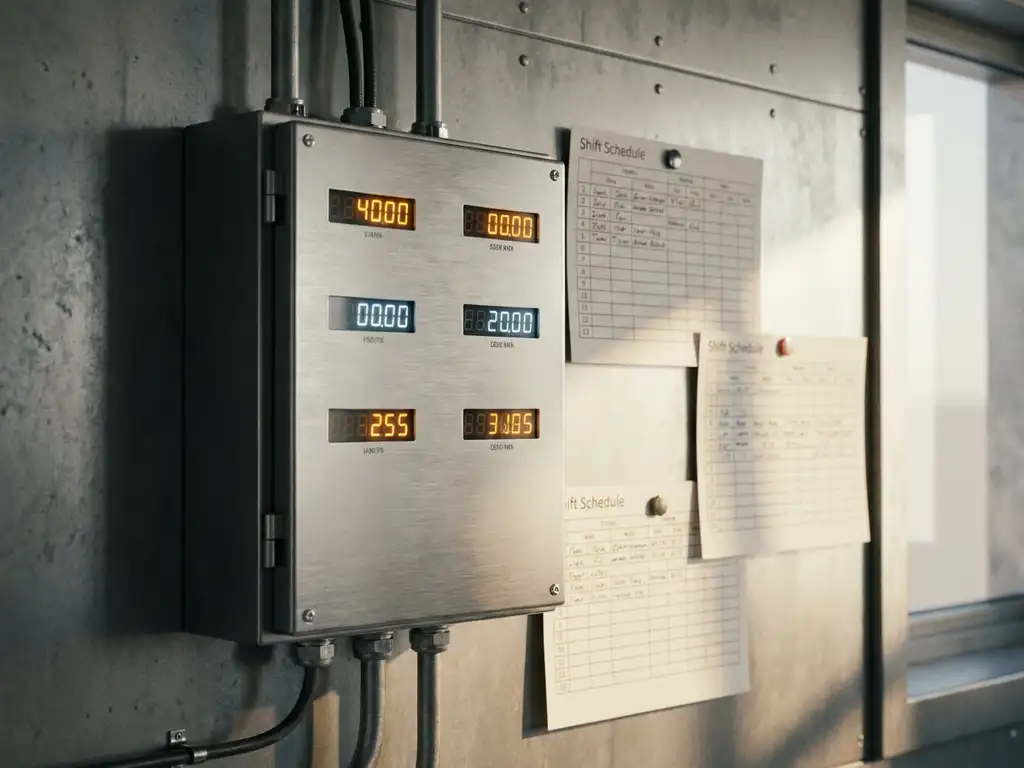 Industrieller Energiezähler mit leuchtenden Digitalanzeigen an gebürsteter Stahlwand, daneben Schichtplan-Diagramme, warme Umgebungsbeleuchtung.