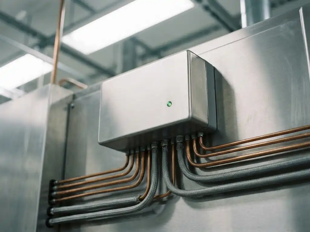 Industrieller Energiezähler auf gebürstetem Stahlpanel mit Kupferrohren, Leitungen und grüner Kontrollleuchte in Nahaufnahme.