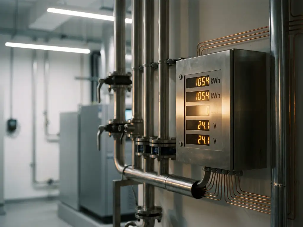 Industrieller Energiezähler mit leuchtendem Amber-Display neben Edelstahlrohrsystem in modernem Fabrik-Versorgungsraum.