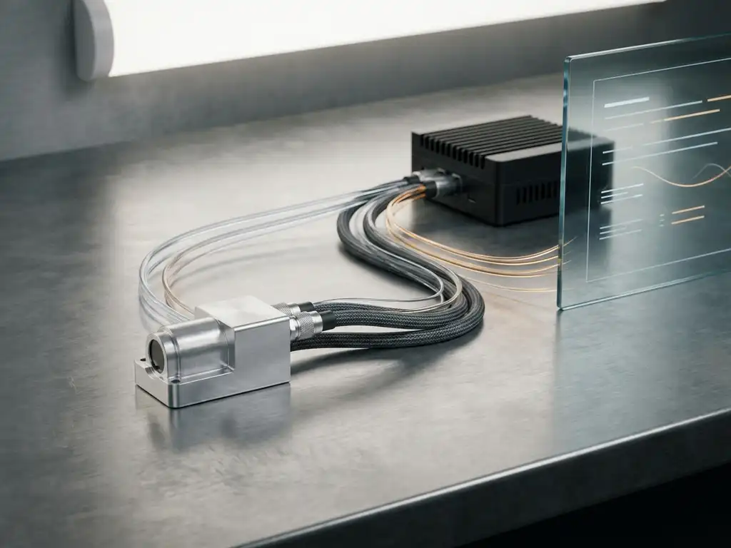 Industrieller Sensormodul verbunden mit Edge-Device auf Stahloberfläche, Datenlichtspuren fließen zu einem minimalistischen Dashboard-Display.