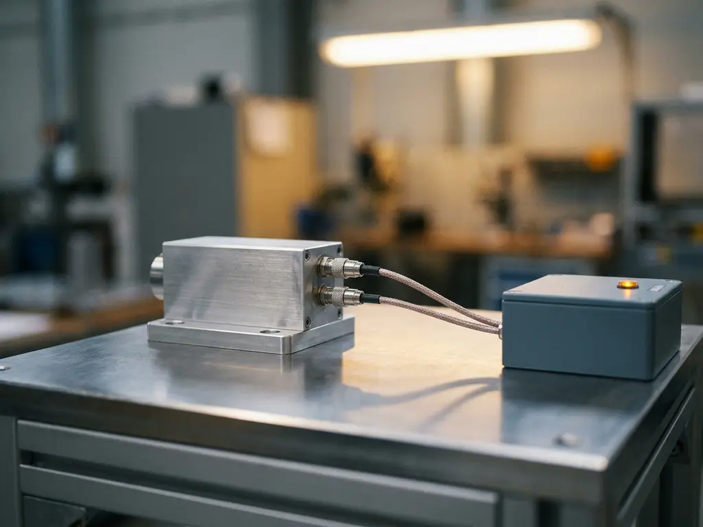 Industrieller Sensormodul auf gebürstetem Metall mit Datenkabeln und Steuereinheit in moderner Fertigungsumgebung.