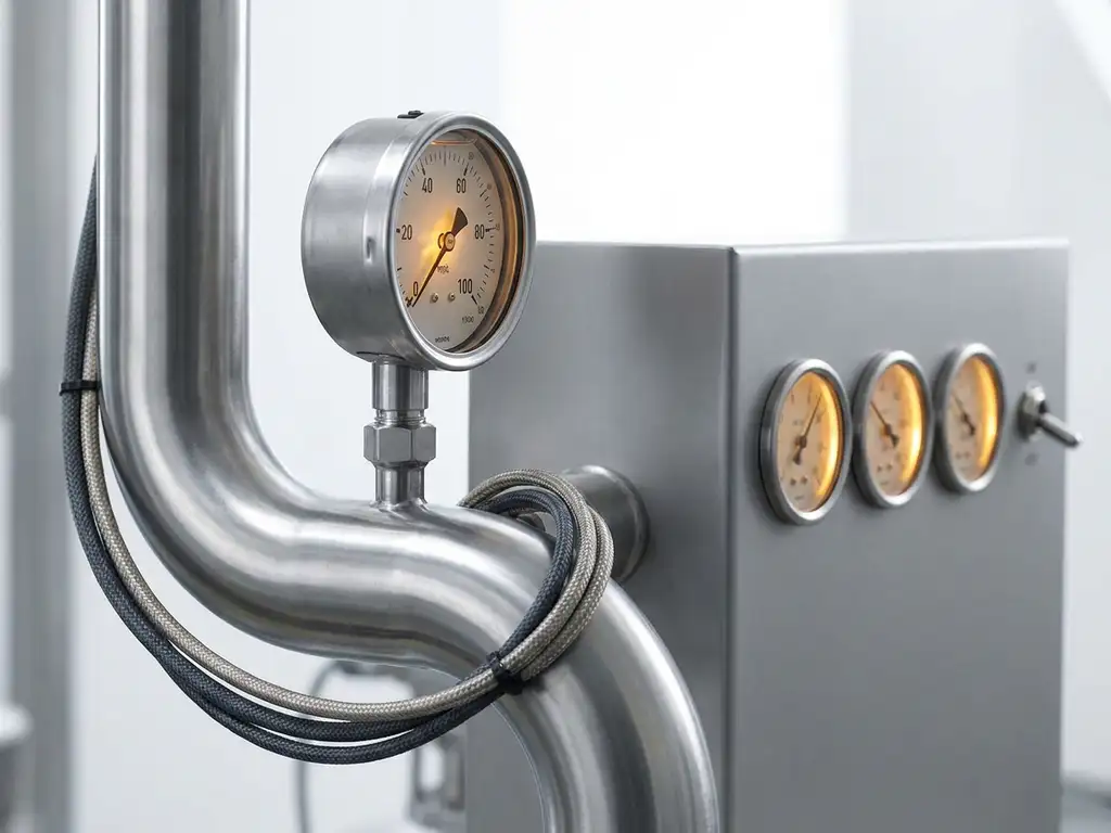 Industrielles Druckmessgerät an poliertem Edelstahlrohr mit analogen Armaturen und Sensorkabeln in Studiobeleuchtung.