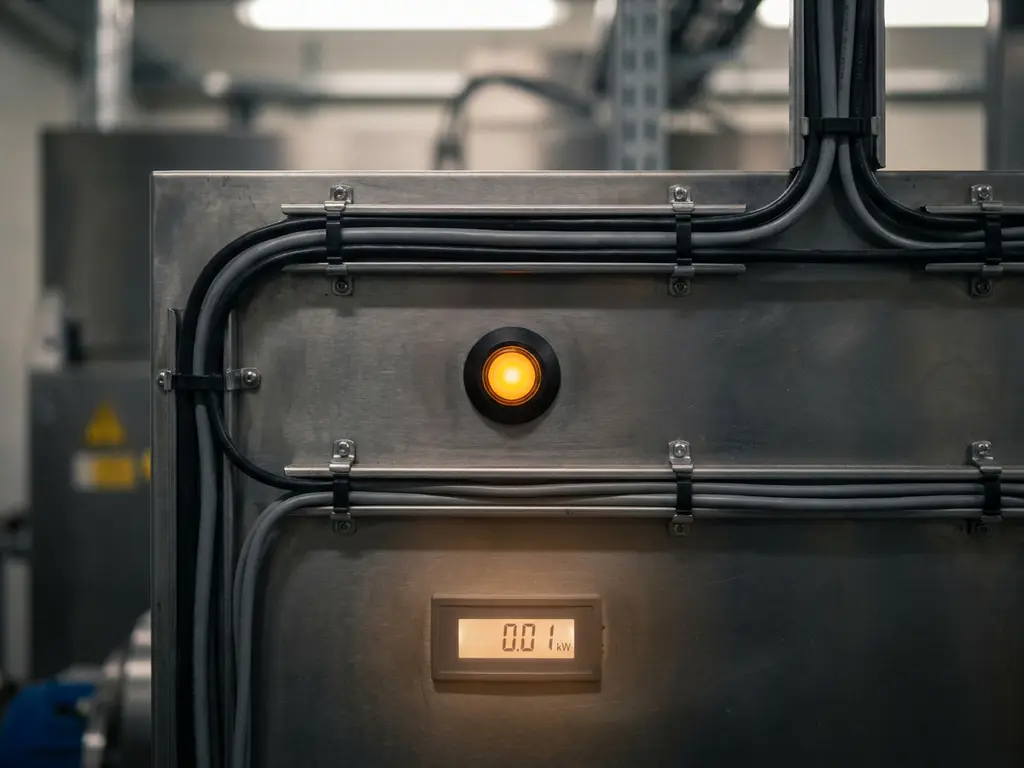 Industrielles Steuerungspanel mit leuchtendem Bernstein-Kontrolllämpchen, Energiemessgerät und präziser Kabelführung auf gebürstetem Metall.