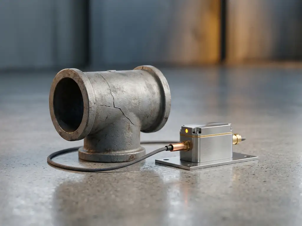 Gerissenes Industrierohrstück neben einem Sensormodul auf Betonboden, verbunden durch ein Datenkabel.