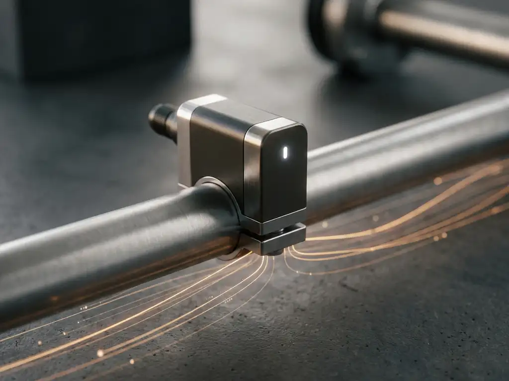 Industrieller Sensor an gebürstetem Stahlrohr mit leuchtend bernsteinfarbenen Echtzeit-Datenströmen auf dunklem Hintergrund.
