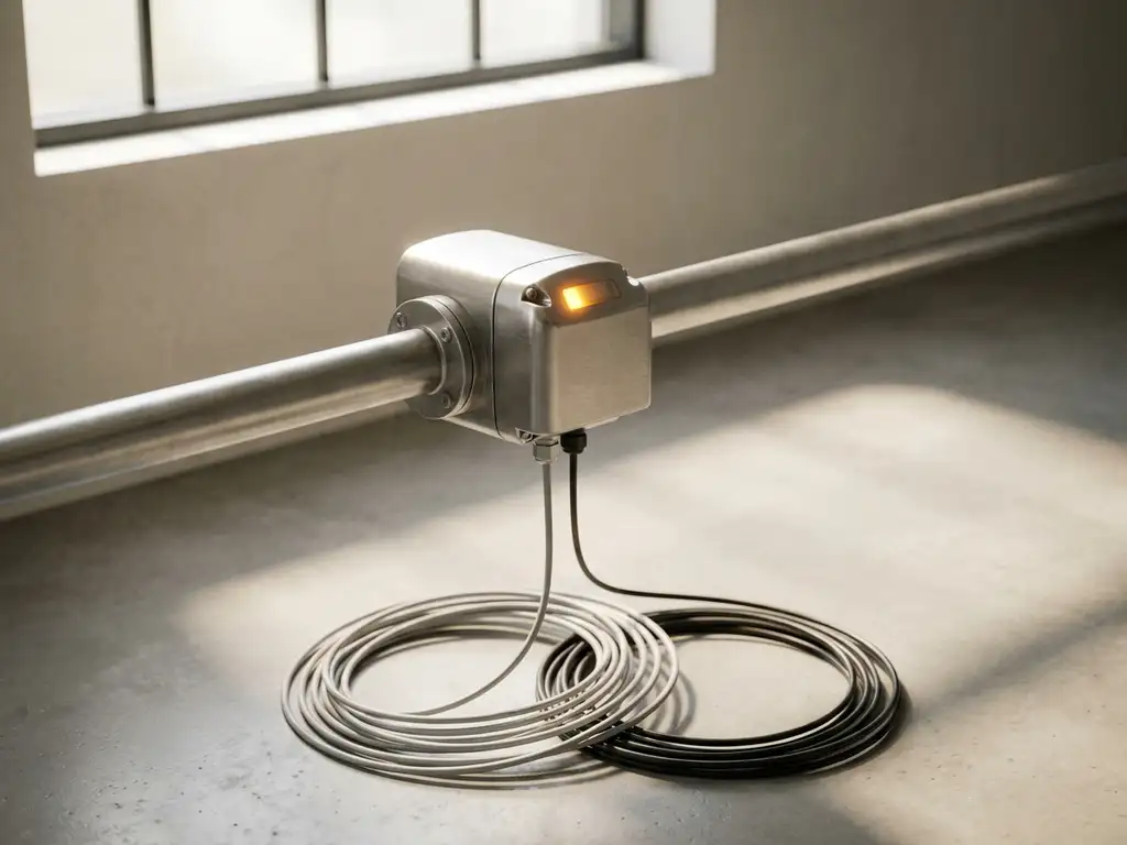 Industrieller Sensor an Metallrohr mit Datenkabeln auf Betonboden, weiches Fabrikhallenlicht, Stahltöne und Bernsteinakzente.