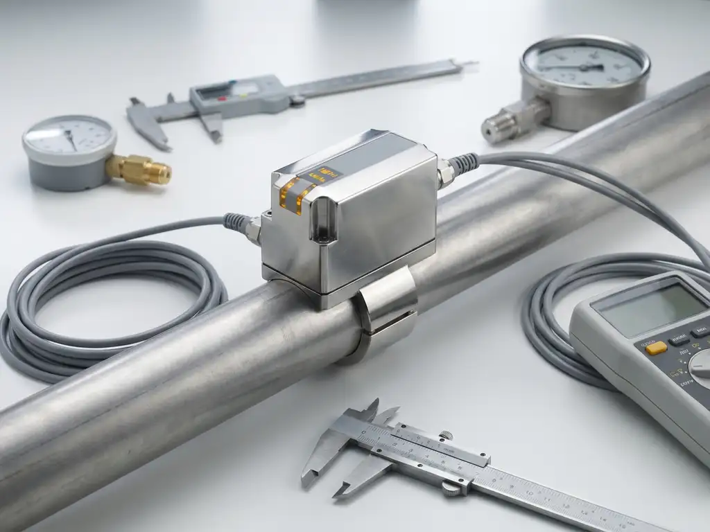 Industrieller Sensormodul auf gebürstetem Metallrohr mit Messinstrumenten, Datenkabeln und weicher Studiobeleuchtung.