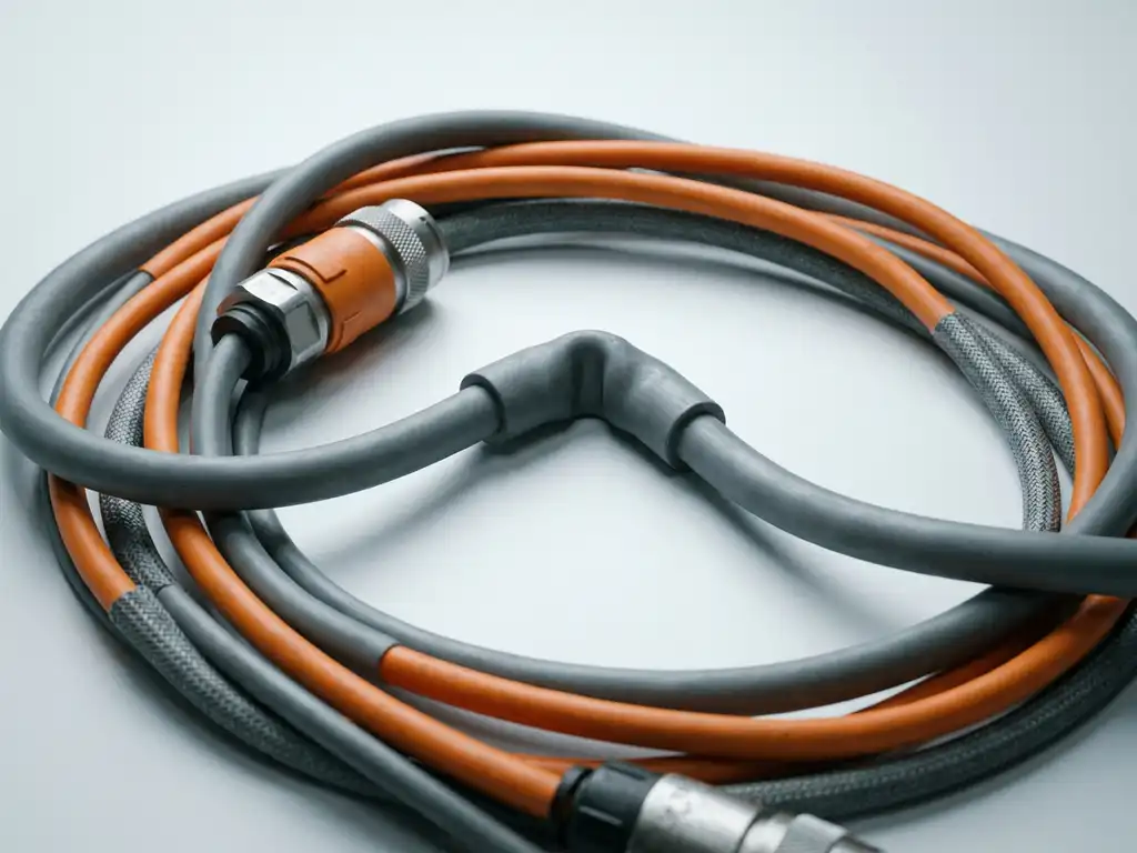Verwirrtes Bündel dicker Industriekabel mit geknicktem Stecker auf weißem Untergrund, Makroaufnahme in Grau und Signalorange.