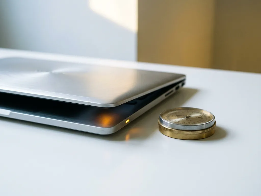 Halb geöffnetes Aluminium-Laptop auf weißem Schreibtisch mit leuchtendem Bernstein-Indikator und präzisem Messgerät daneben.