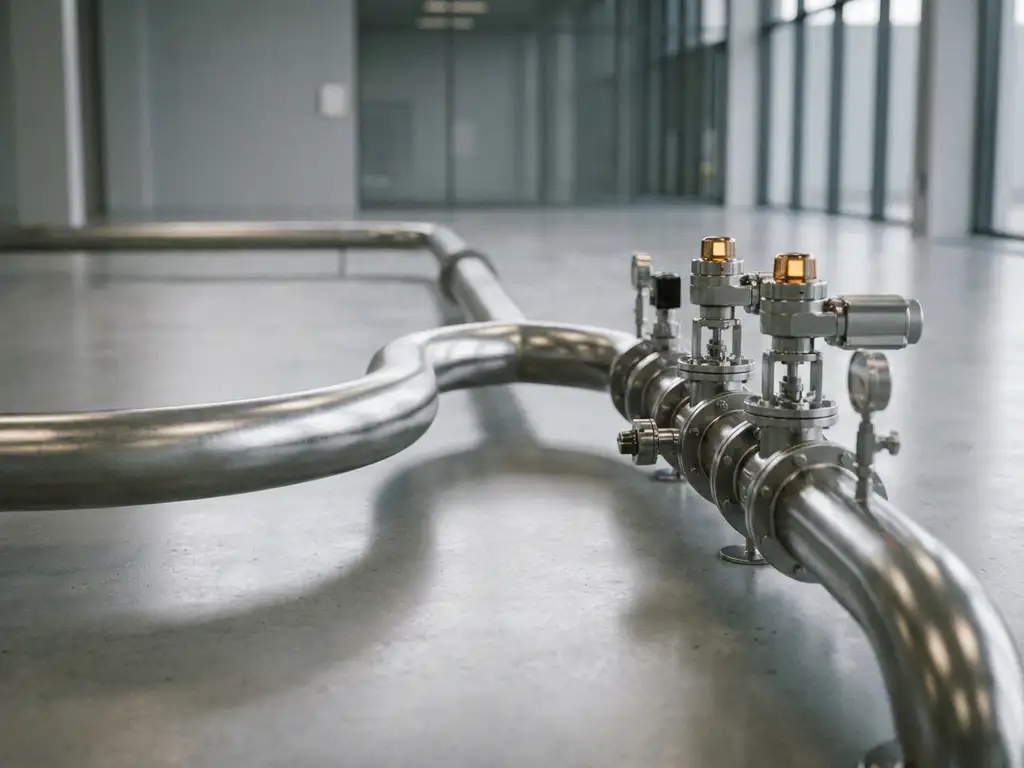 Industrielle Stahlpipeline, die sich in zwei Wege gabelt: eine optimierte Kurve und ein mechanisches Ventilsystem auf Betonboden.