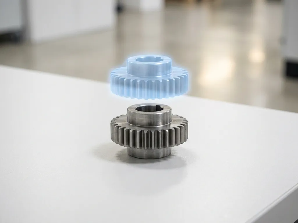 Präzises Maschinenbauteil aus Stahl neben seinem transluzenten digitalen Zwilling, schwebend über weißer Industrieoberfläche in Blau- und Grautönen.