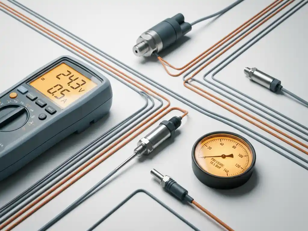 Digitales Multimeter und Industriesensoren auf weißer Fläche, Datenkabel in geometrischen Linien, beleuchtetes Messgerät in Grau und Amber.