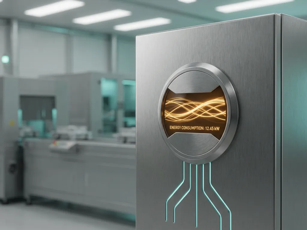 Präzisions-Energiemessgerät auf Industrieschaltpanel mit leuchtendem Amber-Display und türkisfarbenen Prozessleitungen in gebürstetem Stahl.