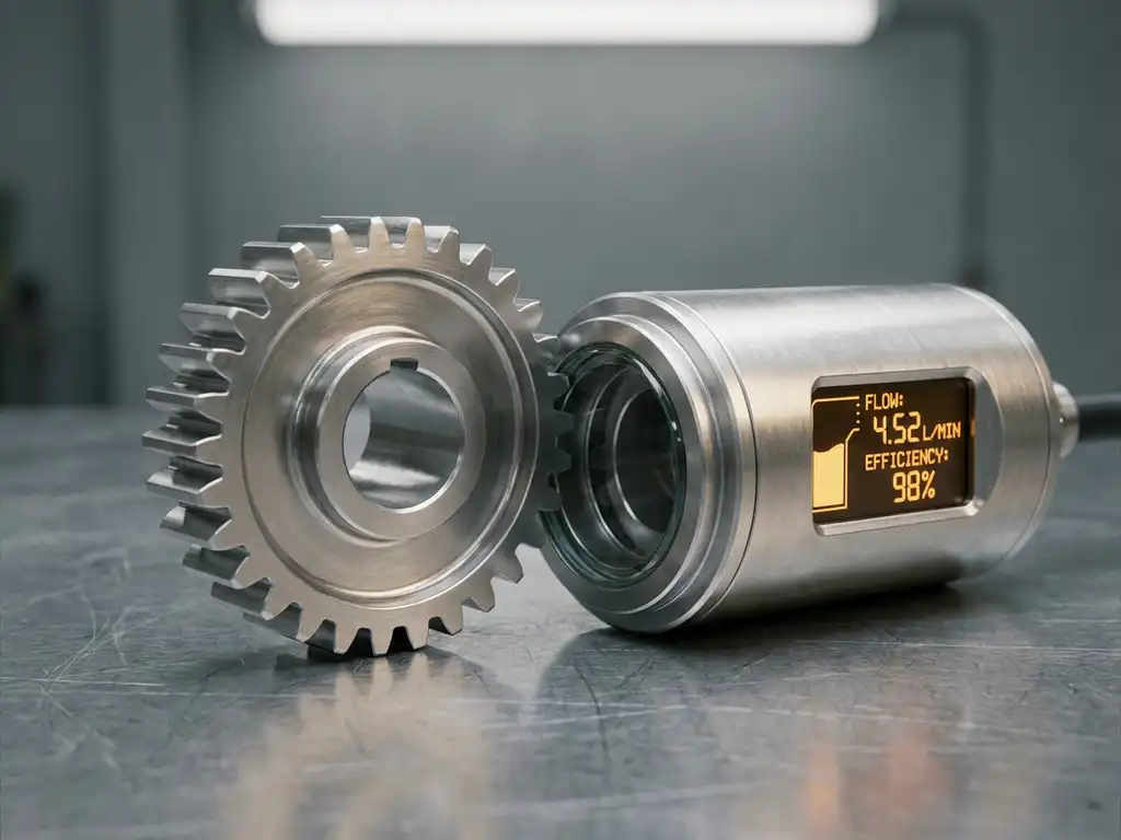 Präzisionszahnrad aus Metall neben digitalem Durchflussmesser auf gebürstetem Stahl, industrielle Komponenten in Silber und Bernstein.