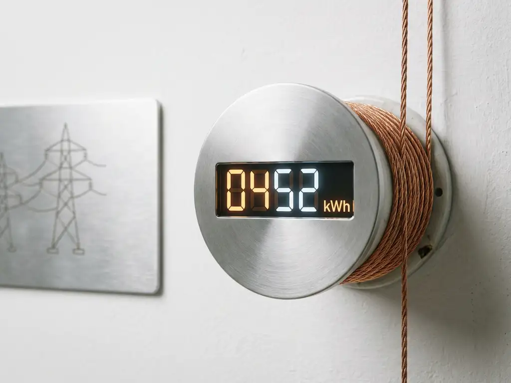 Moderner Stromzähler mit digitalem Display an weißer Wand, Kupferkabel und gebürstetem Aluminiumgehäuse in warmem Umgebungslicht.