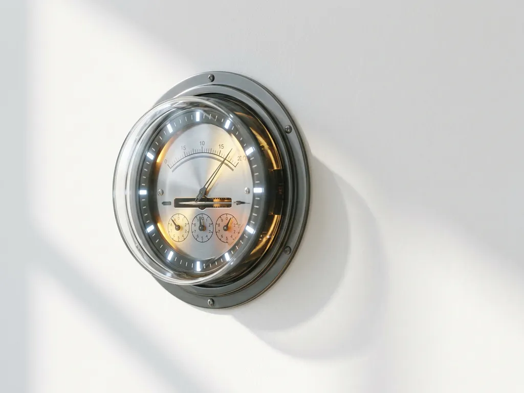 Energiezähler mit analogen Messskalen an weißer Wand, warmes Umgebungslicht, modernes Industriedesign.