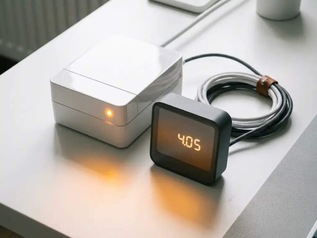 Moderner Stromzähler und Energiemonitor auf weißem Schreibtisch mit leuchtendem Bernstein-Indikatorlicht und ordentlich verlegten Kabeln.