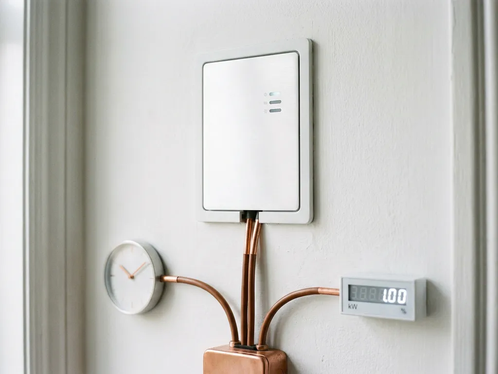 Moderner Stromzähler an weißer Wand mit Kupferkabeln, die zu einer analogen Uhr und einem digitalen Kilowattzähler führen.