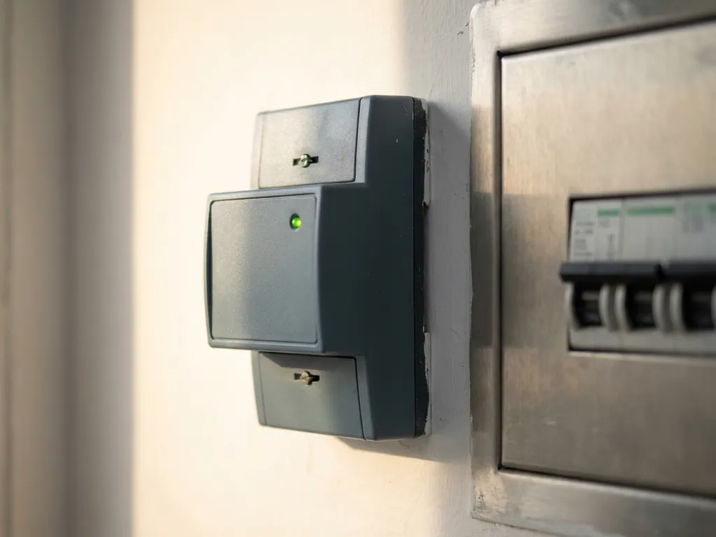 Industrieller Energiezähler an weißer Wand neben Sicherungskasten, grüne Statusanzeige leuchtet, natürliches Tageslicht von links.
