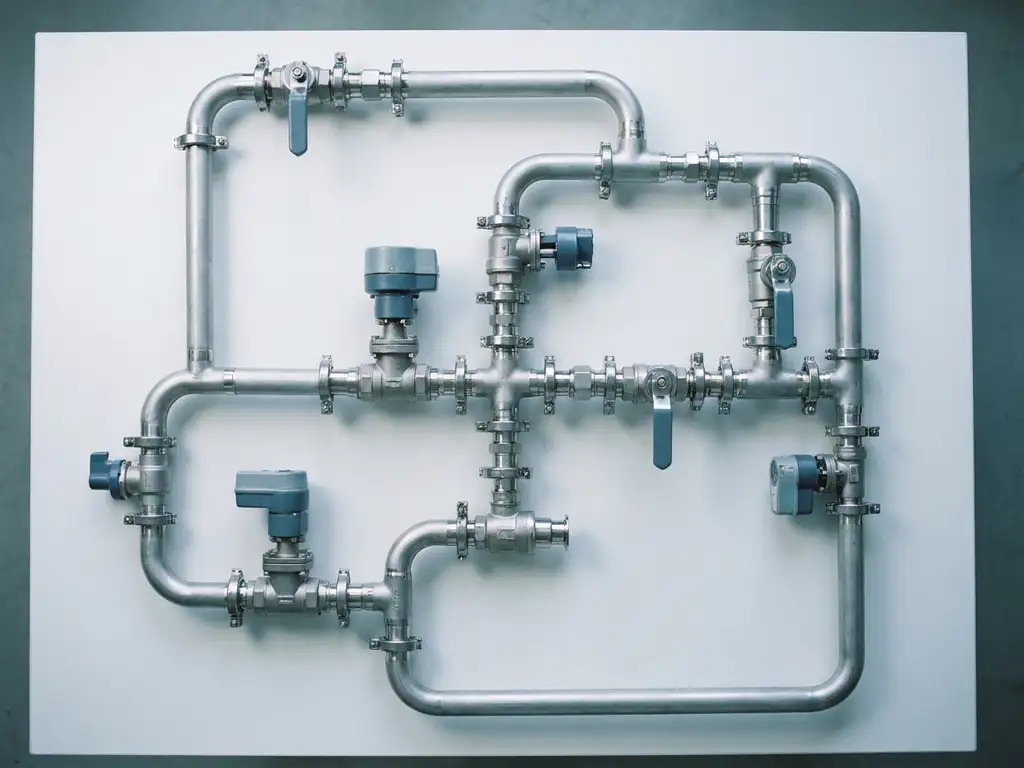 Industrielles Rohrleitungssystem aus Aluminium mit Präzisionsventilen und Metallarmaturen, Draufsicht auf weißem Untergrund.