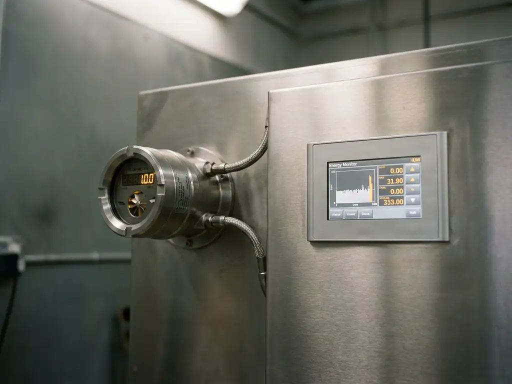 Industrieller Durchflussmesser und Energiemonitor auf gebürstetem Stahlpanel mit Kabelkanälen in Silber- und Bernsteintönen.