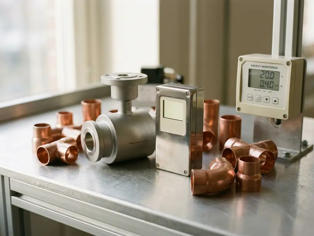 Industrieller Durchflussmesser und Sensormodul auf gebürstetem Aluminium mit Kupferrohrverschraubungen und Energiemonitor-Display.