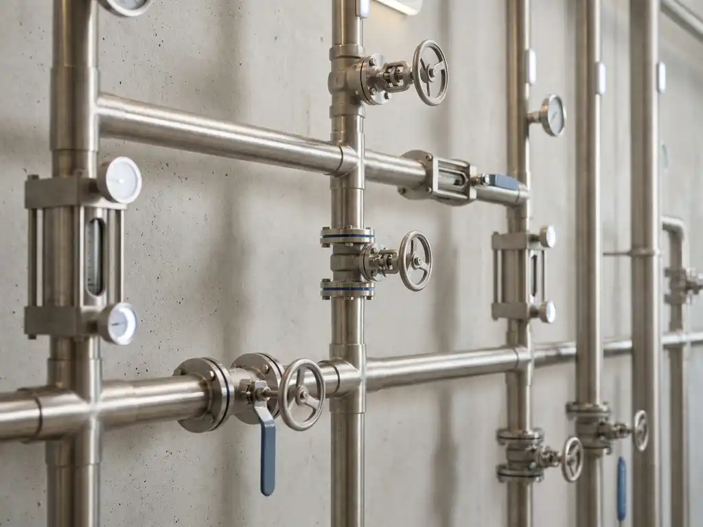 Edelstahl-Rohrleitungssystem mit Präzisionsventilen und Durchflussmessern an grauer Industriewand, polierte Metalloberflächen mit weichen Reflexionen.